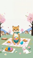 A young cheetah enjoys a picnic spread with a basket, surrounded by spring flowers. A blissful reverie where fairytales bloom in watercolor hues