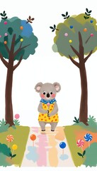 A koala in colorful clothes stands between two trees in a whimsical forest setting. A blissful reverie where fairytales bloom in watercolor hues