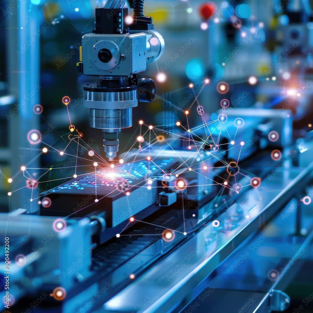 Poster futuristic manufacturing scene featuring a precision machine tool with data network overlay for adva