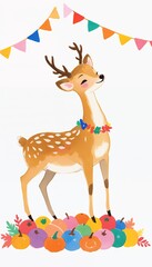 Obraz premium Deer's Fruit Flower Garden with Festivities with festive bunting overhead. A blissful reverie where fairytales bloom in watercolor hues