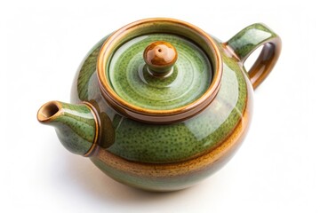 Green and Brown Ceramic Teapot on White Background.