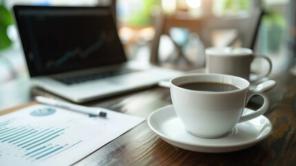A clean desk with a laptop, financial graphs, and a cup of coffee, leaving space for copy.