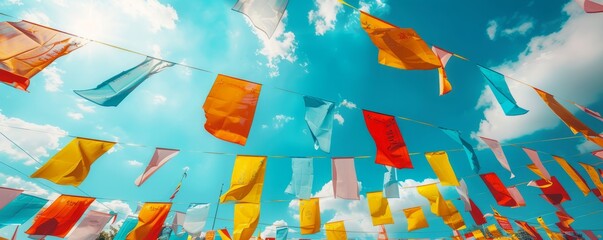 Colorful Oktoberfest festival flags fluttering in the gentle breeze, adding to the festive atmosphere.