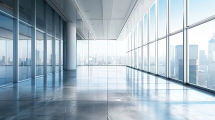 A large, empty room with a view of the city
