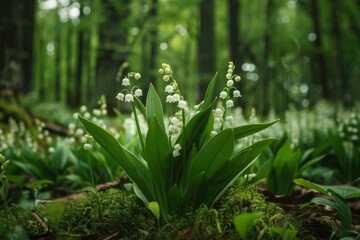 Obraz premium Lily of the valley in the forest, generative ai