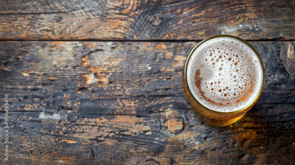 Poster a cold beer with frothy head on a rustic table, leaving ample room for text or graphics.