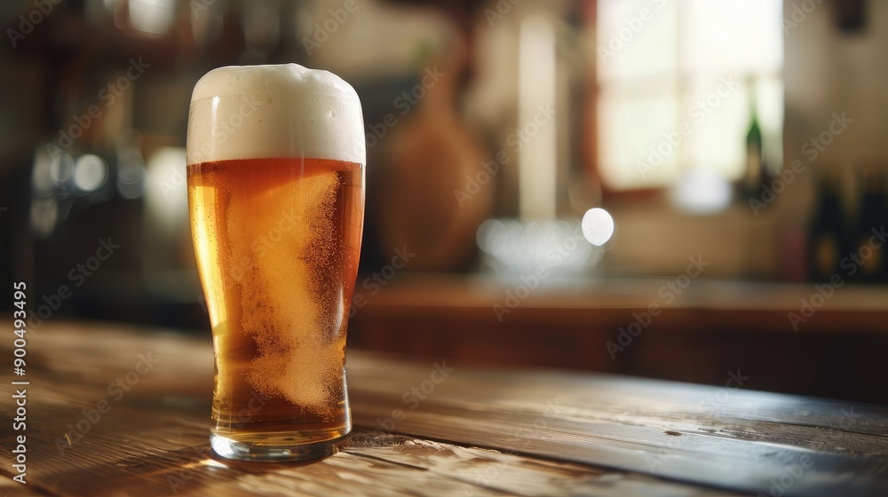Poster a cold beer with frothy head on a rustic table, leaving ample room for text or graphics.