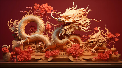 Obraz premium Golden Chinese dragon statue on a temple roof and wall, showcasing traditional Asian art and culture