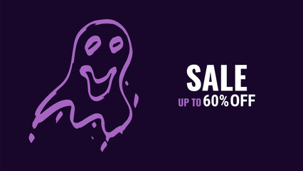 Halloween sale promo banner template offer design. Ghost and text sale. Festive creepy design poster website. Vector illustration.