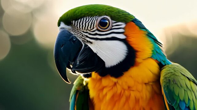 A vibrant parrot with a colorful beak and bright feathers, looking directly at the camera.