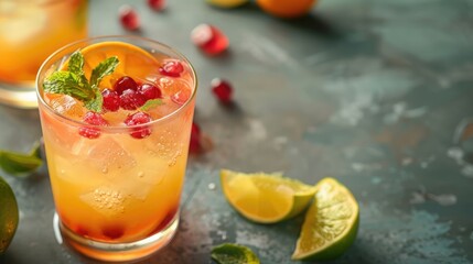 Fototapeta premium A colorful mocktail with fruit garnishes, leaving ample room for text.