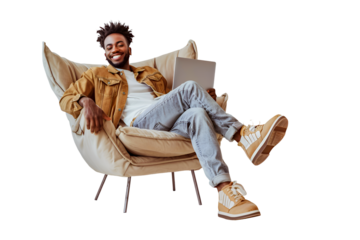 Smilling man with laptoop sitting on a chair on transparent