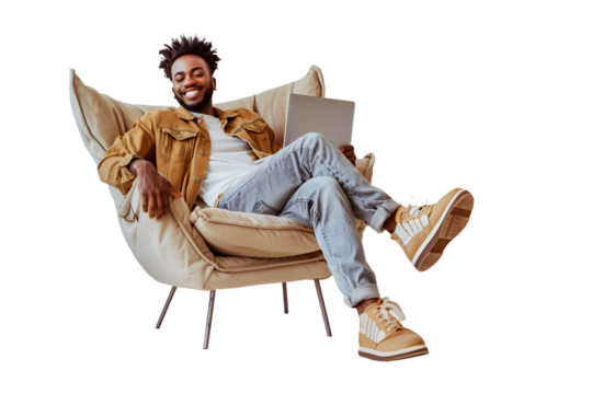 Smilling man with laptoop sitting on a chair on transparent - Powered by Adobe