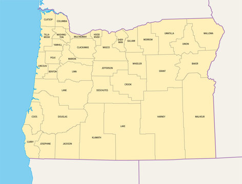 Oregon counties, political map with borders and county names. State in the Pacific Northwest region of the United States, subdivided into 36 counties. Nicknamed The Beaver State. Illustration. Vector