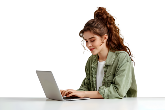 Beuaty woman working on laptop on white