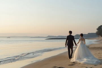 A newlywed couple walks hand in hand along a serene beach at sunset, creating a picturesque and romantic ambiance.