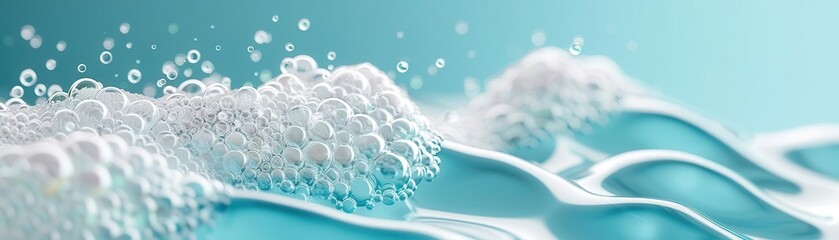 Closeup of foamy waves crashing, blue water background