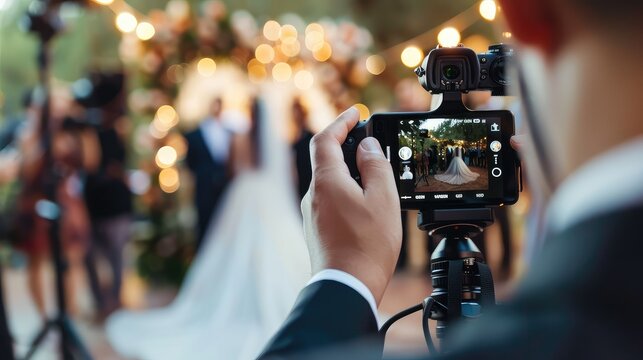 A photographer captures a wedding ceremony with a professional camera, focusing on the bride and groom in a beautifully decorated outdoor setting.