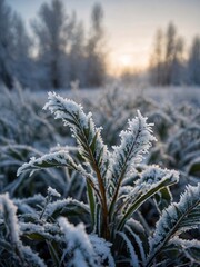 Snow-covered plant, winter frost details