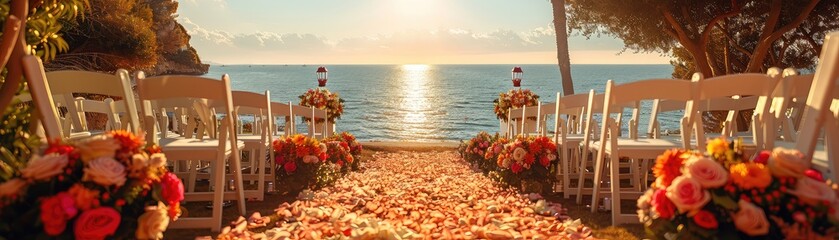 Beautiful sunset beach wedding setup with flower decorations along the aisle, overlooking the ocean with serene and romantic ambiance.