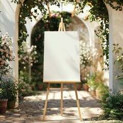 Blank canvas on an easel in an outdoor garden setting, surrounded by lush greenery and flowers.