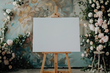 Blank canvas on an easel surrounded by beautiful floral decorations, ready for artistic creation and inspiration.