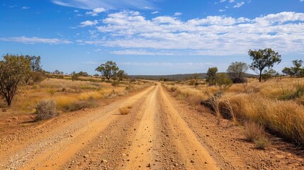 Fototapeta premium A dry, dusty road through a drought-affected area, offering plenty of room for text.
