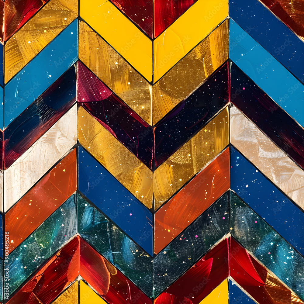 Poster colorful chevron pattern with metallic paint strokes forming a geometric background