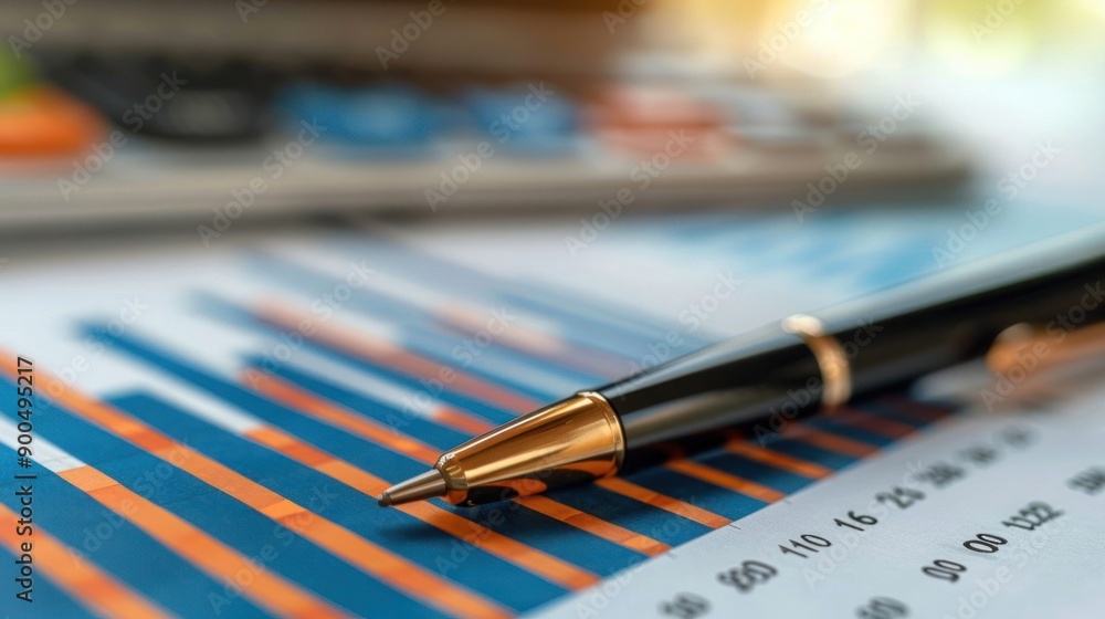 Aufkleber close-up of financial charts and graphs on a desk with a pen highlighting business data analysis and
