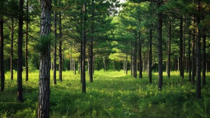 Obraz premium A forest of tall pine trees creates a dense and green background with plenty of open space for copy.