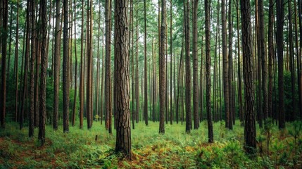 Fototapeta premium A forest of tall pine trees creates a dense and green background with plenty of open space for copy.