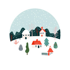 A whimsical winter village scene with colorful houses and snow-covered trees, perfect for holiday design and seasonal decor.