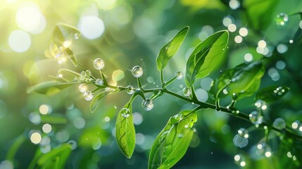 Close-up of green leaves with dew droplets glistening in soft sunlight, creating a serene and fresh natural atmosphere.