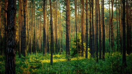 Obraz premium A forest of tall pine trees creates a dense and green background with plenty of open space for copy.