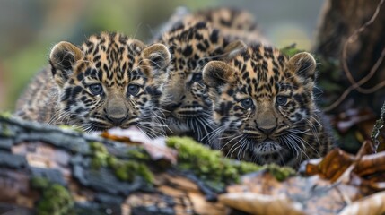 Amur leopard cubs stick by mother in their natural habitat for protection and nurturing