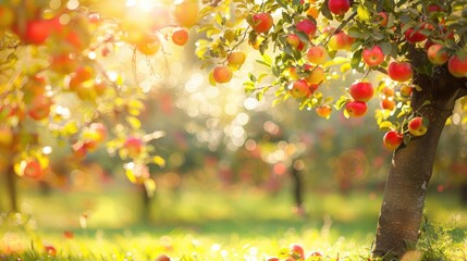 A fruit-laden apple tree in an orchard provides a vibrant and colorful background with ample space for copy.