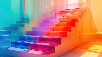 Glass Staircase with gradient in vibrant spectrum, impressive modern design