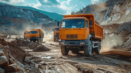 Three yellow dump trucks navigate a dusty construction site, showcasing heavy machinery in action against a mountainous backdrop.