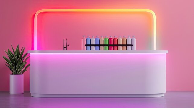 Modern minimalist bar with colorful neon lights and vibrant drink bottles on counter, adding a stylish touch to any interior.