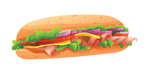 Submarine sandwich with ham, cheese, lettuce, and onions. Vector cartoon illustration