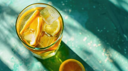 A glass of iced green tea with lemon slices, providing plenty of space for text.