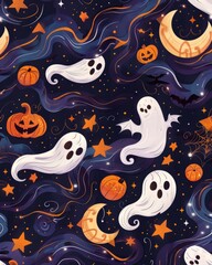 Obraz premium Seamless pattern with ghosts, pumpkins, stars and crescent moon on dark blue background.