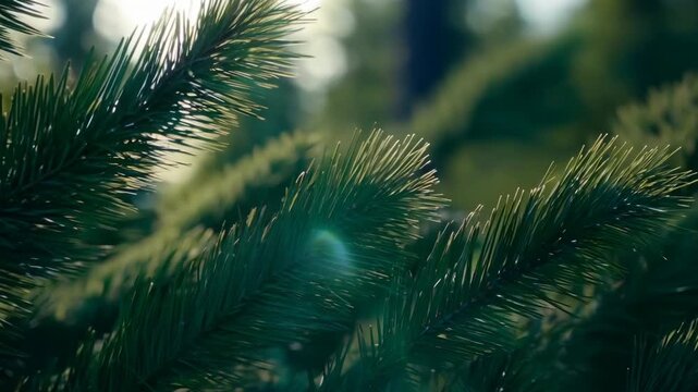 Coniferous branches close-up. Trees with needles in the forest background. Sunlight falls on a green pine tree. New Year, Christmas. Pine needles, larch, fir tree.