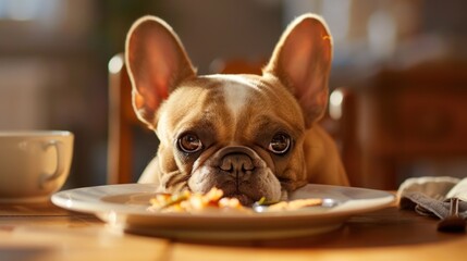 A dog is eating food from a plate on a table
