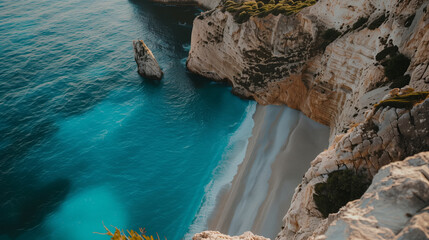 Beautiful scenery of rocky seashore and sandy beach among mountains.