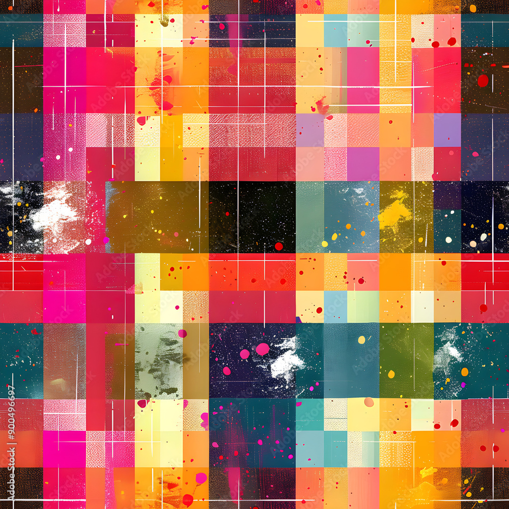 Poster seamless pattern with colorful squares, grunge texture and geometric shapes