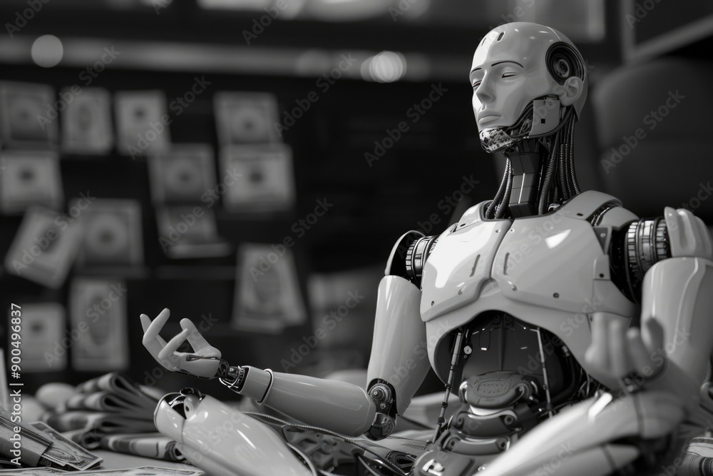 Poster a robot sits in front of a laptop, possibly working or learning