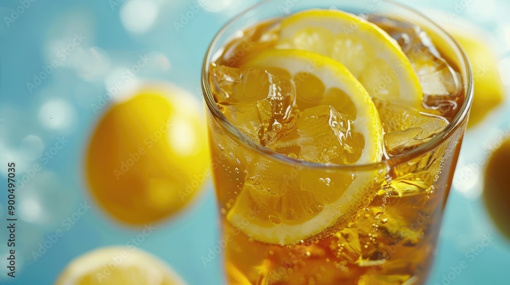Poster a refreshing glass of iced tea with lemon slices, providing ample space for text or graphics.