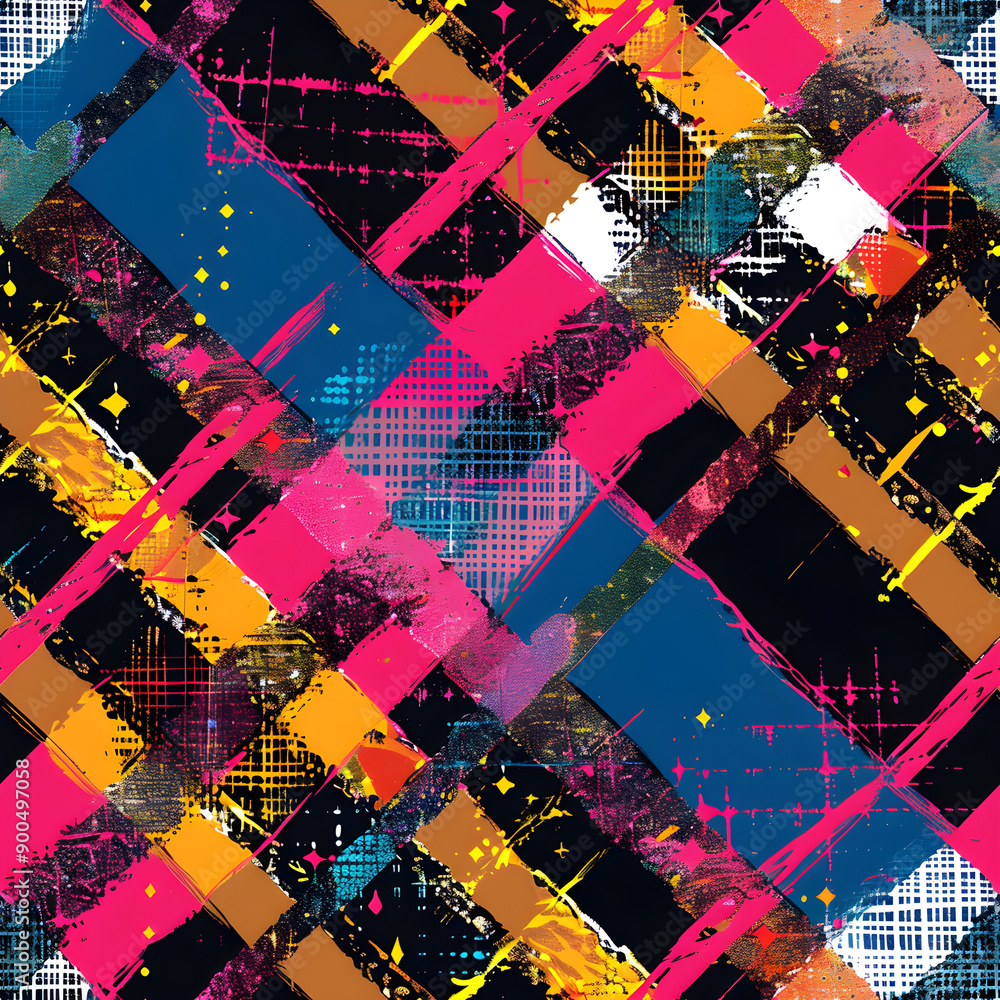 Poster grunge seamless pattern with diagonal stripes and squares overlaying