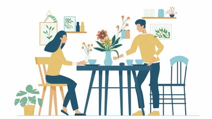 A couple joyfully organizes a charming dining area, setting chairs and arranging a beautiful vase of fresh flowers